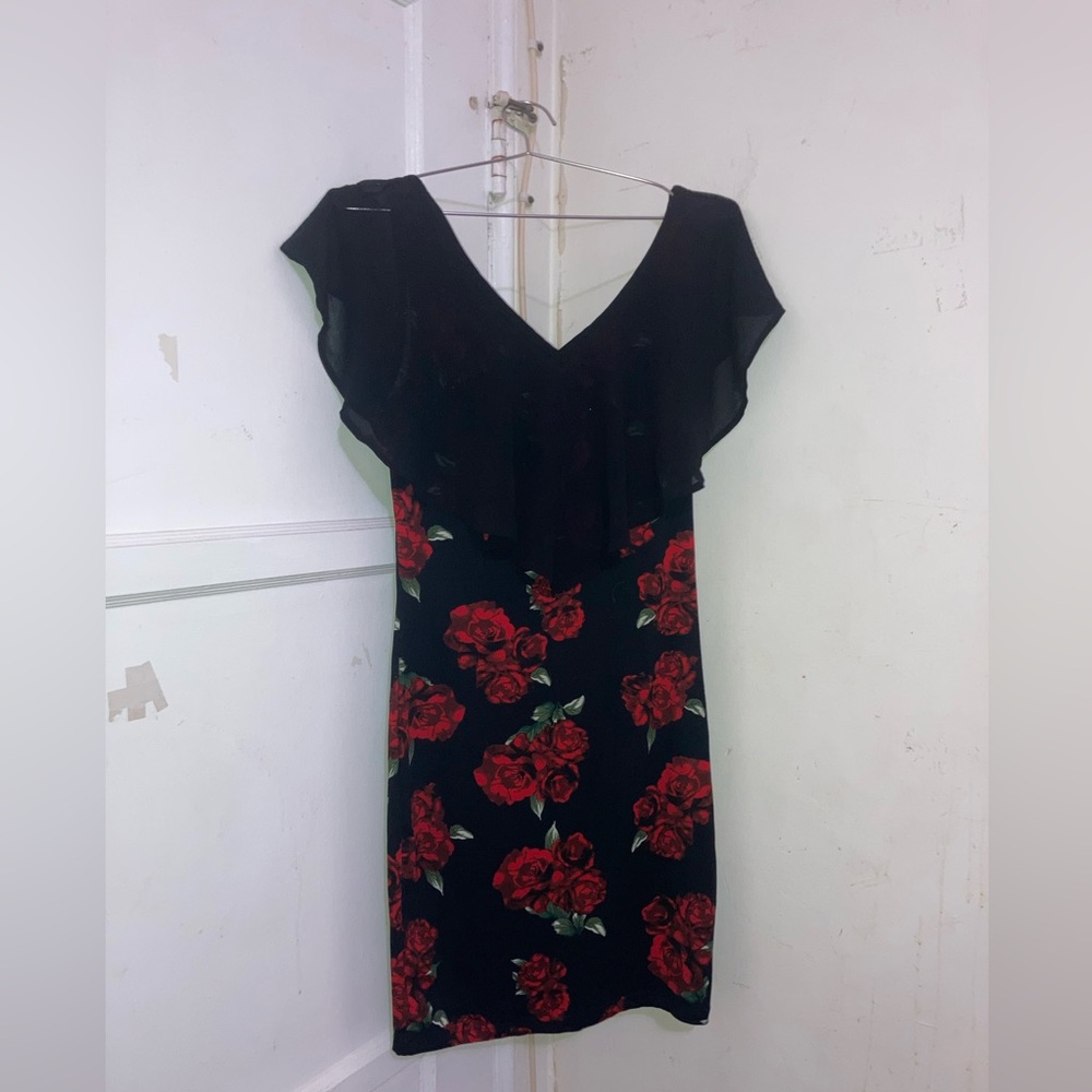 Elegant Black and Red Floral Dress